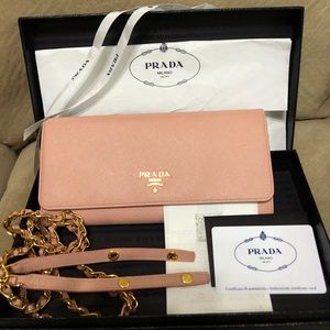 Auth PRADA Saffiano Leather Chain Wallet